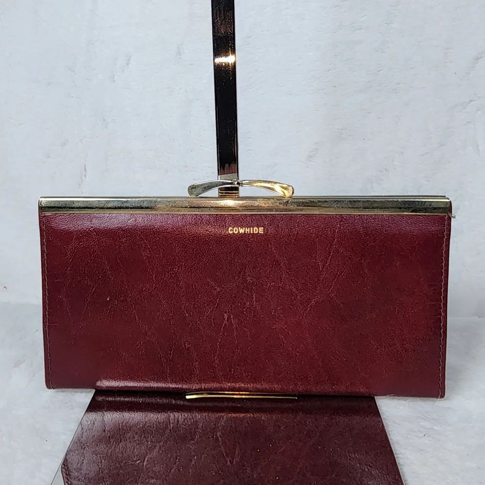 Vintage Burgundy Leather Clutch with Gold Accents